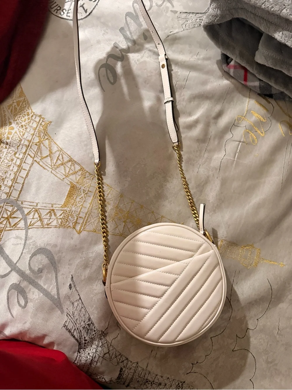Tory Burch Cream Quilted Round Crossbody with Gold Logo